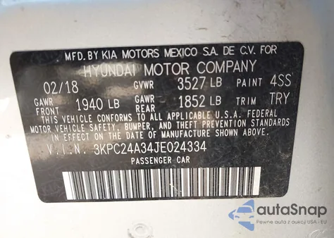 2018 Hyundai Accent Se from USA, damaged, VIN 3KPC24A34JE024334
